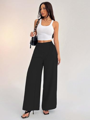 Image of Sugathari Women's Casual Wide Leg Pants - High Waist Elastic Waistband Loose Fit Long Trousers | Lightweight Straight Leg Summer PantsTrouser 254