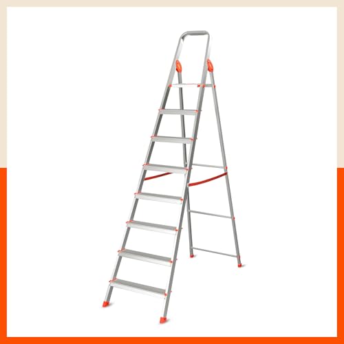 Image of Bathla Advance 8-Step Aluminium Ladder | 150 Kg Load Capacity | Anti-Slip Steps | Sure-Hinge Technology | Home Use Step Ladder | 5 Year Warranty