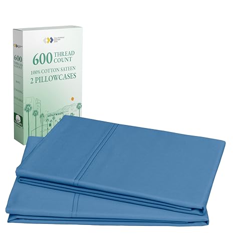 Pillow Cases Queen/Standard Set of 2 - Luxury 600 Thread Count Sateen, Natural 100% Cotton Cooling Pillow Case Pair, Crisp, Cool and Durable Hotel Quality Bedding - Parisian Blue