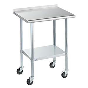 Rockpoint Stainless Steel Table for Prep & Work with Backsplash and Caster 30×24 Inches, NSF Metal Commercial Kitchen Table with Adjustable Under Shelf and Table Foot for Restaurant, Home and Hotel