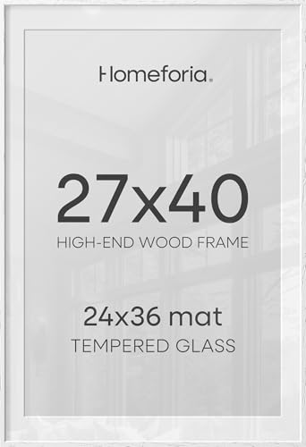 Image of Homeforia White Poster Frame 27x40, High End Oak 27 x 40 Wood Picture Frame with Mat 24 by 36 for Photo, 27x40 Large Wooden Frame Matted to 24x36, 40x27 Thin Frames, Tempered Glass, Wall Kit, Set of 1