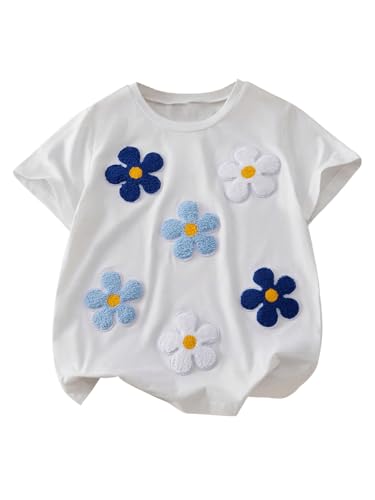 Girl's 3D Flower T-Shirt Crew Neck Shirt Short Sleeve Cute Tee Tops
