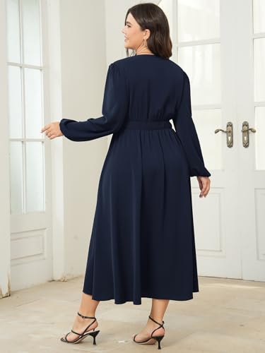 Image of SHESTARR Womens Plus Size Wedding Guest Cocktail Maxi Dress Long Sleeve Elastic Waist V-Neck A-Line Side Slit Flowy Dresses