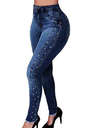 Sexyshine Women's High Waisted Pearl Jeans Beaded Rivet Skinny Denim Pants Raw Edge Stretch Pencil Jeggings - Main Image