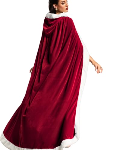 EHSUYAB Women Lightweight Velvet Cloak with Hood Bridal Wedding Fur Cpae Coat Winter Gown Christmas Halloween Cosplay Costume Dark Red 100Cm 3.28Ft