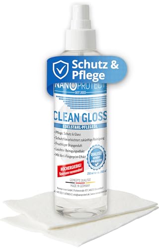 Nanoprotect Clean Gloss | Edelstahlreiniger und Edelstahlpflege | 250 ml | Spray gegen Schmutz und Fingerabdrücke | Keine öligen Rückstände | 2 Spezialtücher gratis | für ca. 200 m²