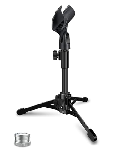 Mictop Desktop Mic Stand Portable Foldable Tripod with Mic Clip Holder and 5/8' Male to 3/8' Female Screw Adjustable Microphone Stand.