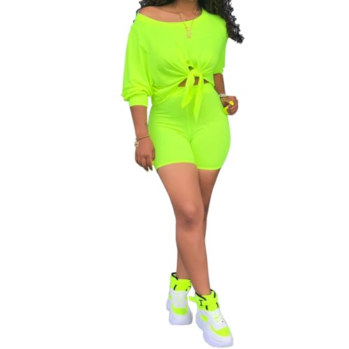 FANDEE 2 Piece Outfits for Women 3/4 Sleeve Off Shoulder Summer Tracksuits Tie up Top Biker Short Sets Clubwear Green Large