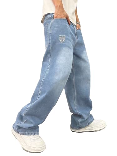 Image of ALLABREVE Men's Baggy Hip Hop Jeans Y2k Wide Leg Denim Pants Relaxed Fit Skater Trousers Streetwear