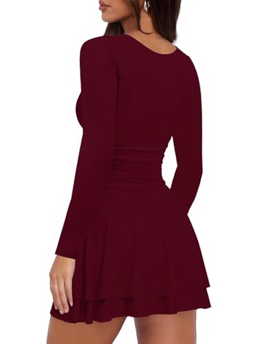 Women's Square Neck Mini Dress Long Sleeve Ruffle Hem Corset Ruched Waist Short Party Dresses2