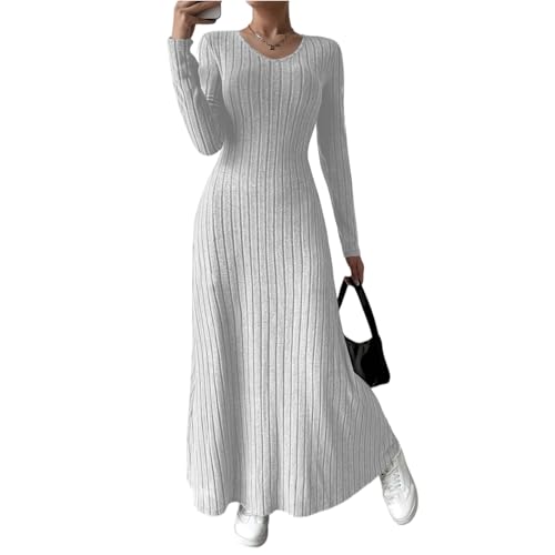 Damen Winterkleid Lang Elegant Strickkleid Damen Winter Curvy A Linie Warm Pulloverkleid Winter V Ausschnitt Geripptes Kleid Langarm Herbstkleid Maxi...