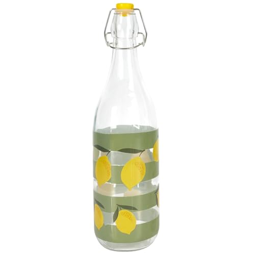 Botella de cristal de 1 litro – Botella de agua reutilizable con estampado de limón y rayas verdes – Con tapón amarillo – Botella para agua, limonada, zumo – Diseño de verano – Sin BPA