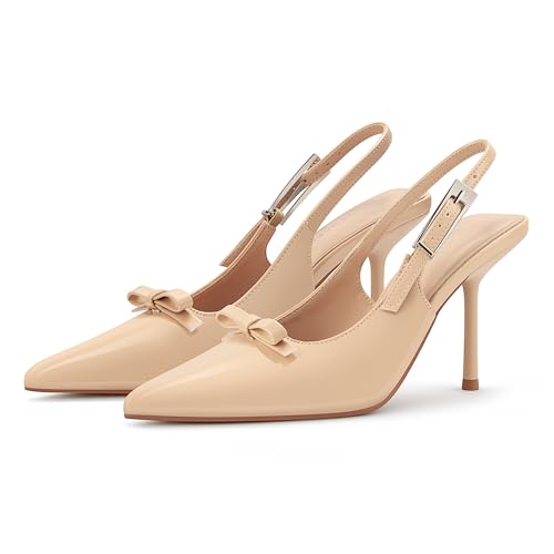 Women's Closed Pointed Toe Slingback Pumps with Bow Large Metal Buckle 3.5 Inch Stiletto High Heels Dress Shoes4