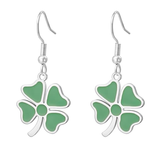 Pendientes de trébol de cuatro hojas Pendientes colgantes con trébol verde Amuleto de la suerte Joyas de la amistad Accesorios para el Día de San Patricio Regalo irlandés para mujeres (Plata)