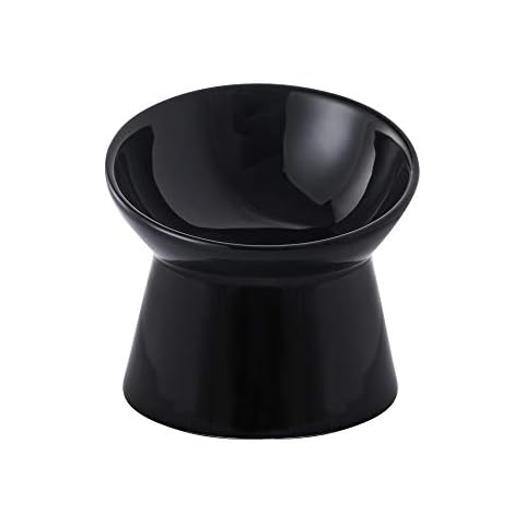 Small Ceramic Raised Cat Bowls - Tilted Elevated Cat Food Bowl - Anti Vomiting Cat Feeding Bowls - Stress Free Shallow Cat Bowl - 4.7 inch Cute Kitten Bowls - Microwave and Dishwasher Safe - 4.4 oz Cover