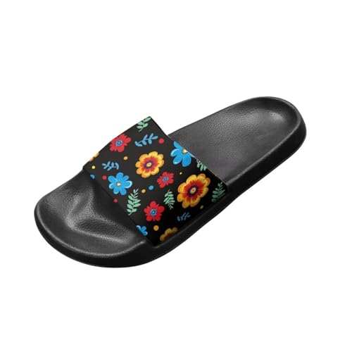 GETELINSENG Embroidered Flower Print Slide Sandals Women’s Soft Sole Open Toe Slippers for Summer EVA Flat Sandals Lightweight