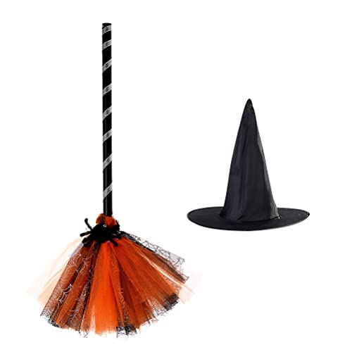 LOGOFUN 2PCS Witch Hat Broom Kit Halloween Costume Accessories Purple Witch Props for Ladies Cosplay Masquerade Makeup Party Supply - Orange