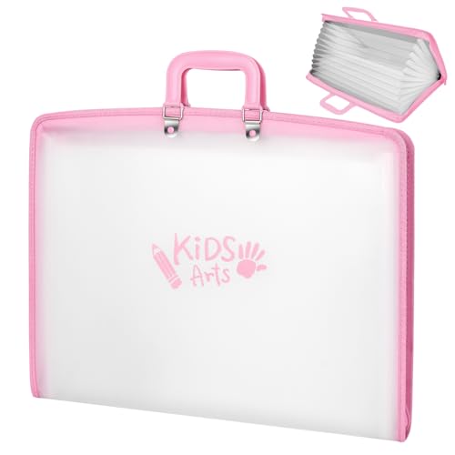 Image of 11x17 Kids Art Portfolio - Accordian File Organizer with 13 Pockets, Art Portfolio for Kids with Handle and Zipper Closure - Oxford Cloth, Frosted Translucent Artwork Folder for Children - Pink