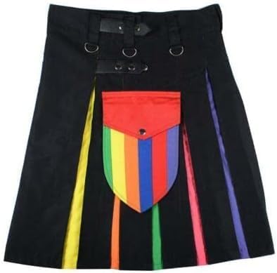 Black Leather Straps Rainbow Pleats Utility Kilts for Men