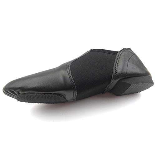Slip On Jazz Dance Shoes - Black Leather - Modern Stage Rubber Heel Split Sole &ndash; Neoprene - Irish Dancing Pumps (Size 1 UK Girls, Black) NPB1