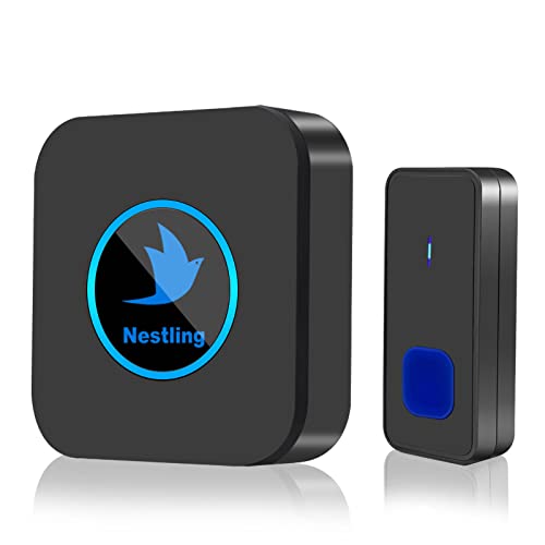 Nestling Wireless Doorbell, IP55 Waterproof Door Bells with 5 Level Volume 55 Chimes LED Flash, Cordless Plug in Battery Operated Chime Kit 1000ft Long Range Home School Office, ‎Black