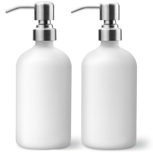 LavaPop Soap Dispenser Set (2 Pack, White), Stylish Glass Bottles w/Stainless Steel Pump & Non-Slip Silicone Coaster, Aesthetic Modern Liquid Hand Soap Dispensers for Kitchen & Bathroom by LavaPop by LavaPop - Used condition - CA$17.67