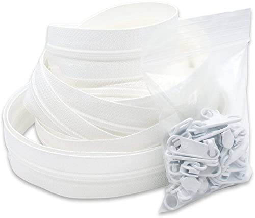 #4.5 YKK Continuous Nylon Coil White Zipper Chain Includes White Non-Locking Long Pull Sliders - Color White - Choose Your Length - Made in The United States (10 Yards & 25 Pulls)