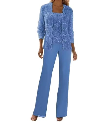 Image of 3 Pieces Chiffon Lace Mother of The Bride Pant Suits with Jackets Sequins Wedding Guest Dresses for Women