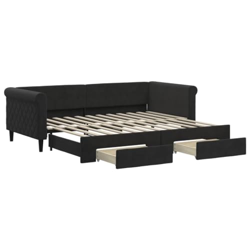 vidaXL Tagesbett, Ausziehbar Schlafsofa mit Schubladen, Bettsofa Gästebett für Schlafzimmer Wohnzimmer, Sofa Bett Ausziehbett, Schwarz 90x200 cm Samt