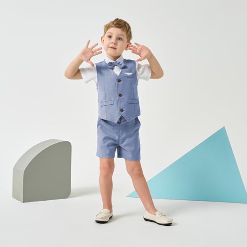 Image of Volunboy Baby Boys Summer Suits Short Sleeve Wedding Ring Bearer Outfits 4Pcs Graduation Dress Vest Shirt Bowtie Shorts Set