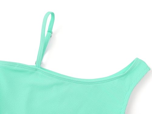 Image of Dvenki Big Girls Asymmetric Cutout Swimsuit Adjustable Straps Sizes 6X-16 | color block, leopard, tropical prints, front lined swimwear, removable pads, suitable for beach, vacation, pool play
