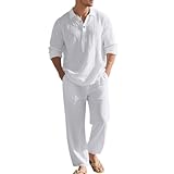 Oanviso Hombre 2 Piezas de Algodón y Lino Mangas Larga Camisa Moda Camiseta + Pantalones de Playa Deportivos Pantalón Completo Casual Traje Conjuntos Primavera Verano A Blanco M