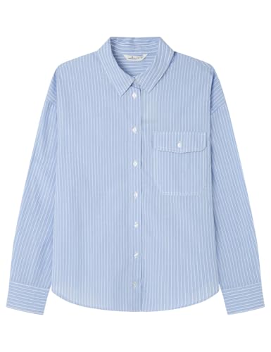 Springfield Oversized Striped Shirt with Front Pocket Blouse, Blue, M para Mujer