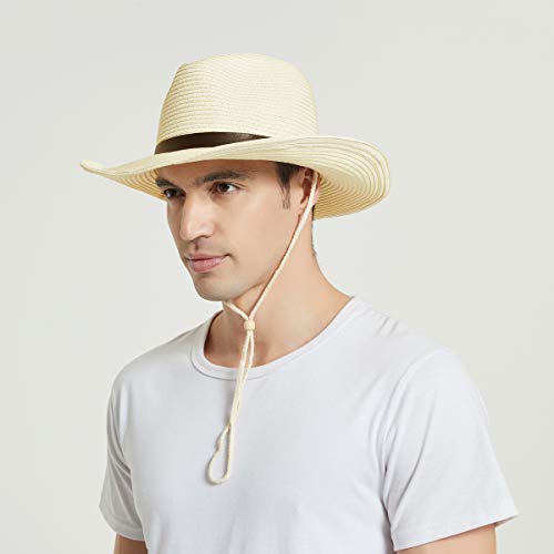 Yosang Adult Straw Cowboy Hat Wide-Brimmed Woven Summer Sun Hat (Light Beige) #TOP2
