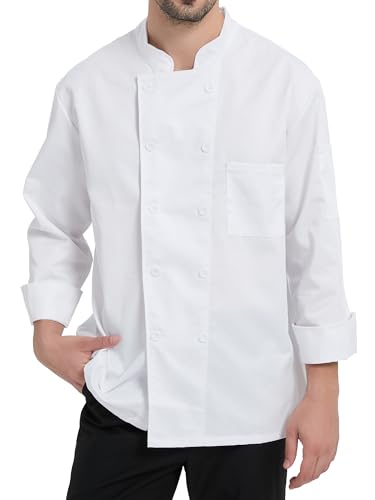KITCHIEF Chef Jacket Black Chef Coat Long Sleeve Chef Clothes Men,Chef Uniform for Kitchen,Restaurant,Hotel Uniform (White, Medium)