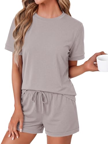 Image of LYANER Pajama Set for Women 2 Piece Lounge Set Striped Crew neck Short Sleeve Tops and Shorts Soft Sleepwear