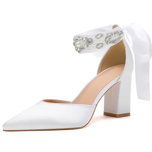 Bridal Wedding Shoes, Closed Toe Pointed Toe White Heels, Women's Chunky Heels with Bow and Crystal Pearl Ankle Strap