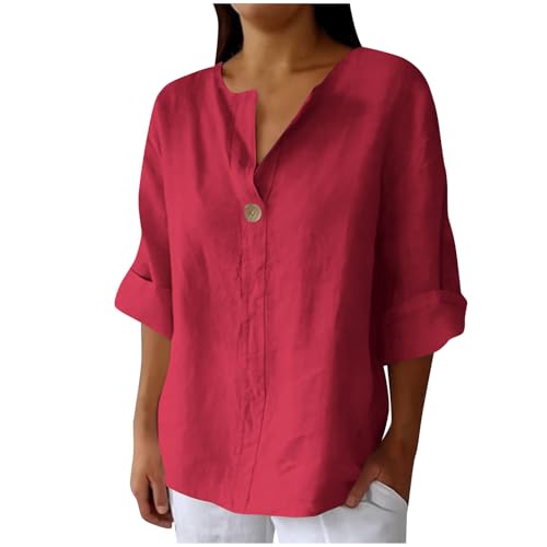 Générique Top Femme Manches 3/4 Col V, Haut Ample en Mélange Coton-Lin Unie, T-Shirt Décontracté Enfilade