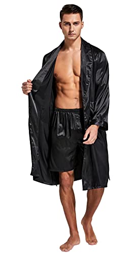 Image of TONY AND CANDICE Men's Satin Robe Lightweight Long Sleeve Silk Kimono Bathrobe with Shorts Set Sleepwear
