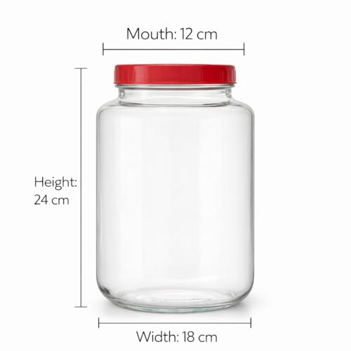 Image of 3000ml (3KG) Glass Storage Jar Pack of 2 with Airtight Red Lid - Large Kitchen Containers for Rice, Atta, Dal & Dry Fruits - Heavy Duty Transparent Glass
