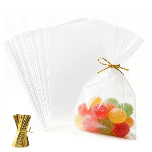 Realjoy 120Pcs Sachet Plastique Transparent, 13 x 18 cm, Sachet Bonbon avec 200 Rubans Métalliques, pour Bonbons, Chocolat, Biscuits, Cadeaux