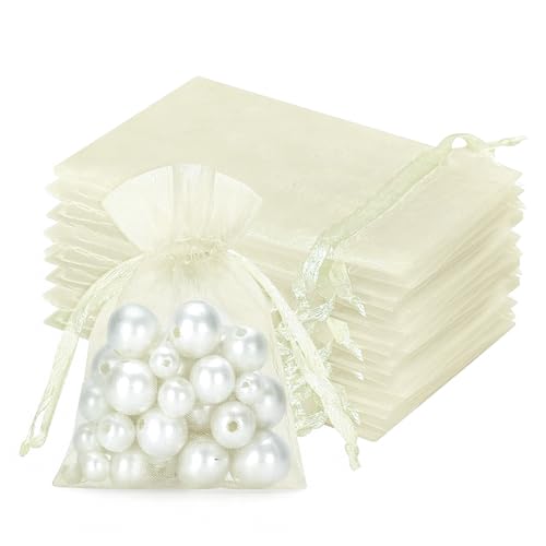 jijAcraft Bolsas de organza pequeñas de color beige 7 x 9 cm: bolsas de regalo con cordón transparente para joyas, 50 unidades, bolsas de organza para boda, para rellenar, regalo de caramelo