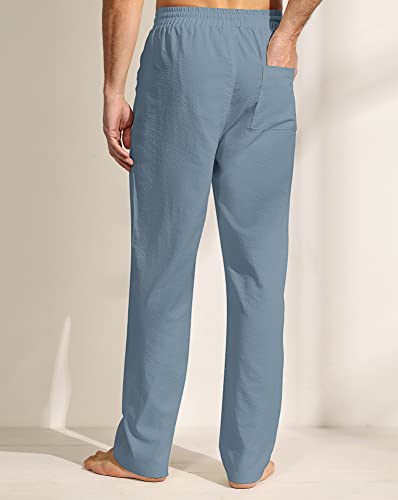 Ficerd 2 Pcs Men's Drawstring Linen Pants Men Casual Beach Trousers With Pocket Lightweight Elastic Yoga Pant (Navy Blue, Blue, Small) #TOP2