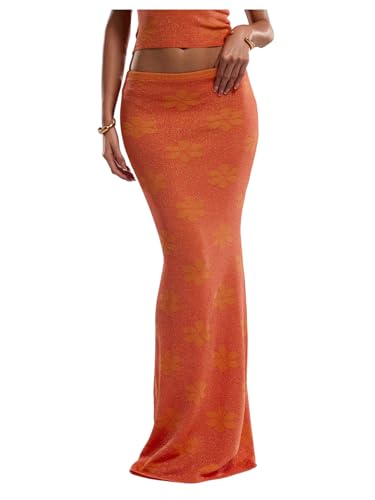 MakeMeChic Women's Boho Beach Floral Knitted Maxi Skirt Elastic Waisted Low Rise Long Skirts