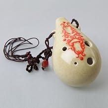Alto C 6 Holes Ceramic Ocarina - Easy to Learn, Good for Beginner & Great Gift! Linns Arts! Beige W/Red Sign