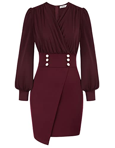 LIUMILAC Robe moulante à col en V pour femme - Grande taille - Manches longues, Rouge, M Cover