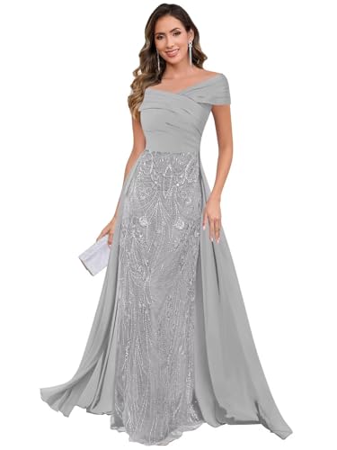 Dansiuey V-Neck Mother of the Bride Dresses Long Silver Chiffon Sparkly Evening Dresses Sequin Maxi Formal Gown for Women Size 14