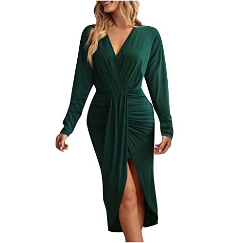 Masrin Vestido tubo para mujer, sexy, liso, de manga larga, con cuello en V, fruncido, vestido de negocios, con abertura alta, vestido de oficina, vestido de lápiz, vestido de negocios Cover