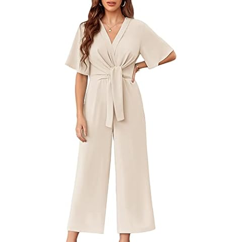 GAMISOTE Womens Wide Leg Jumpsuits Short Sleeve Tie Knot Front Summer Long Romper Beige Cover