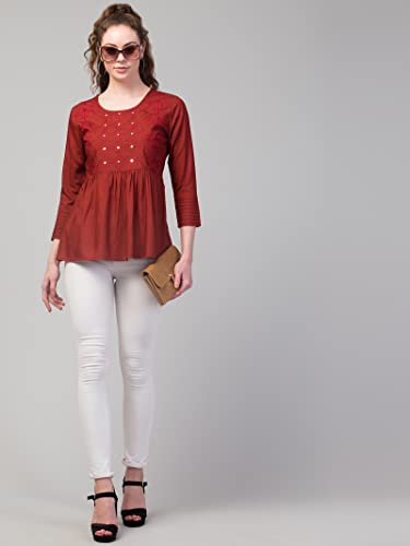 Image of FIMS - Fashion is my style Women Cotton Pleated & Gathered Embroidery Stone Full Sleeves Top Regular Fit Round Neck Tops for Girls